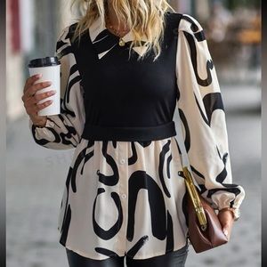 NWOT Shein Graphic Print Button Front Lantern Sleeve Peplum Top Sz L